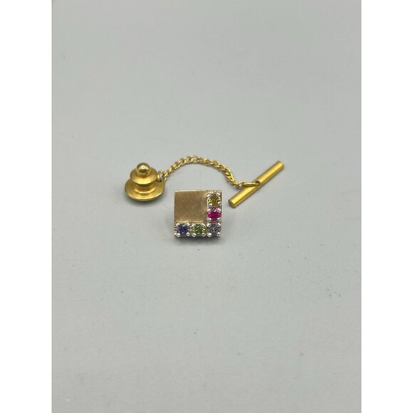 14K Gold Tie Tack or Lapel Pin with Genuine Gemstones Mens Jewelry Accessory - Picture 2 of 7